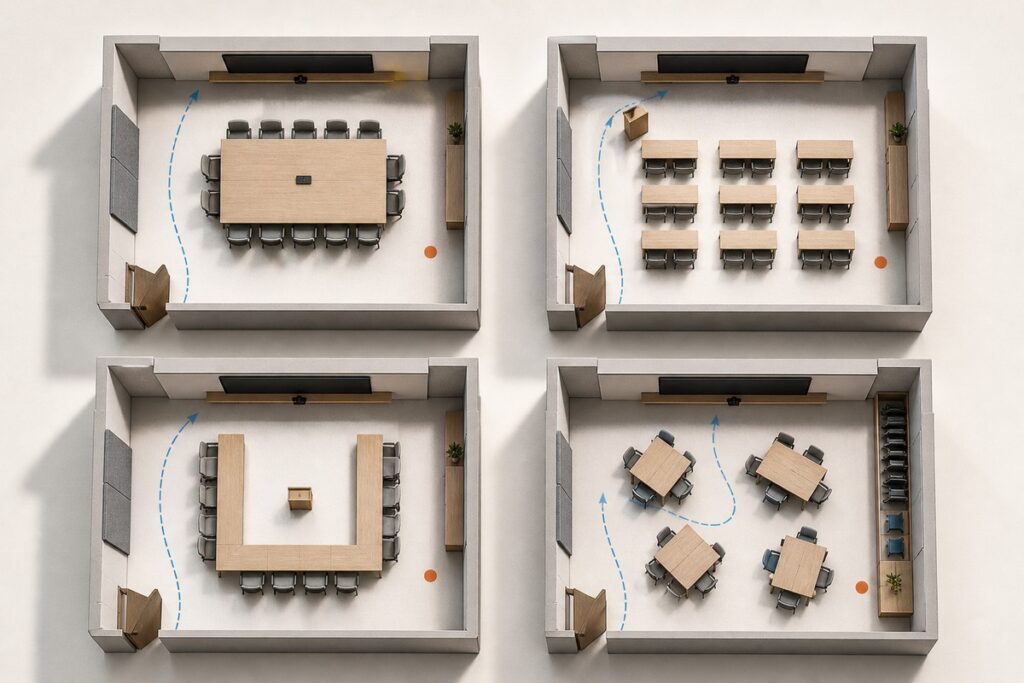 Four conference room layout options in plan view