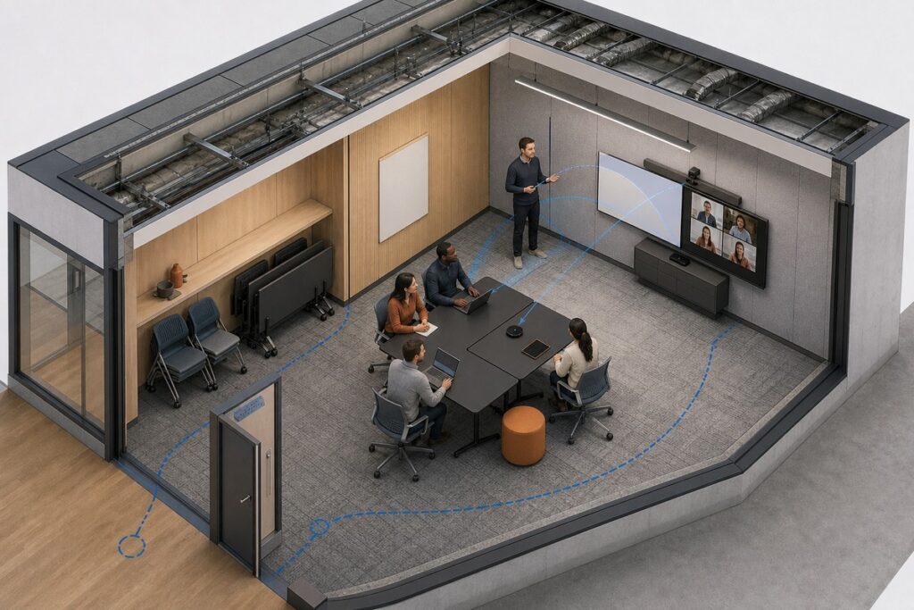 Hybrid conference room plan with open storage