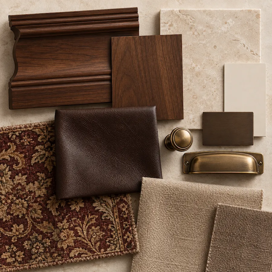Traditional American material palette with textiles, wood and stone