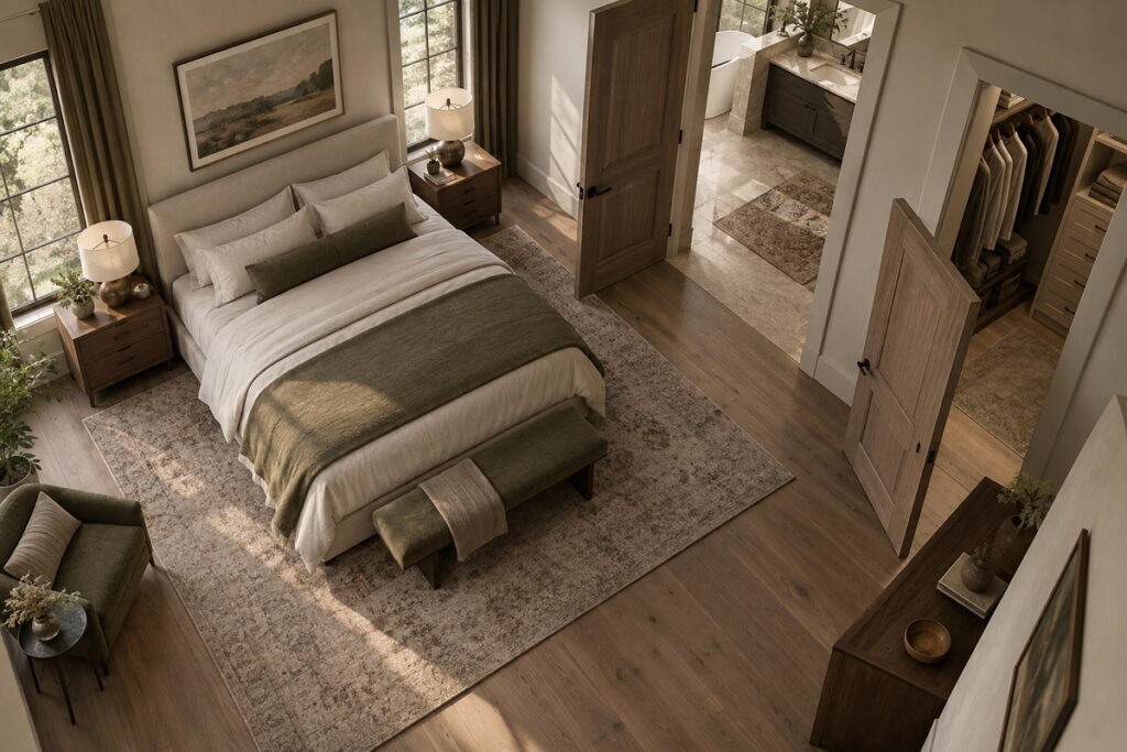 Primary bedroom door swing and furniture plan