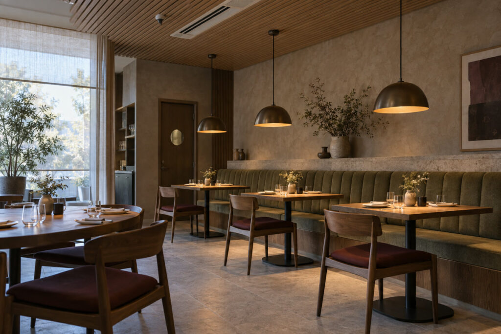 Restaurant pendants aligned over dining tables