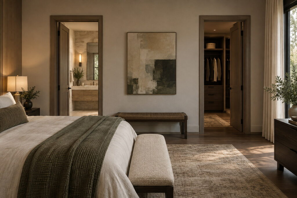 Bedroom with separate bath and closet doors