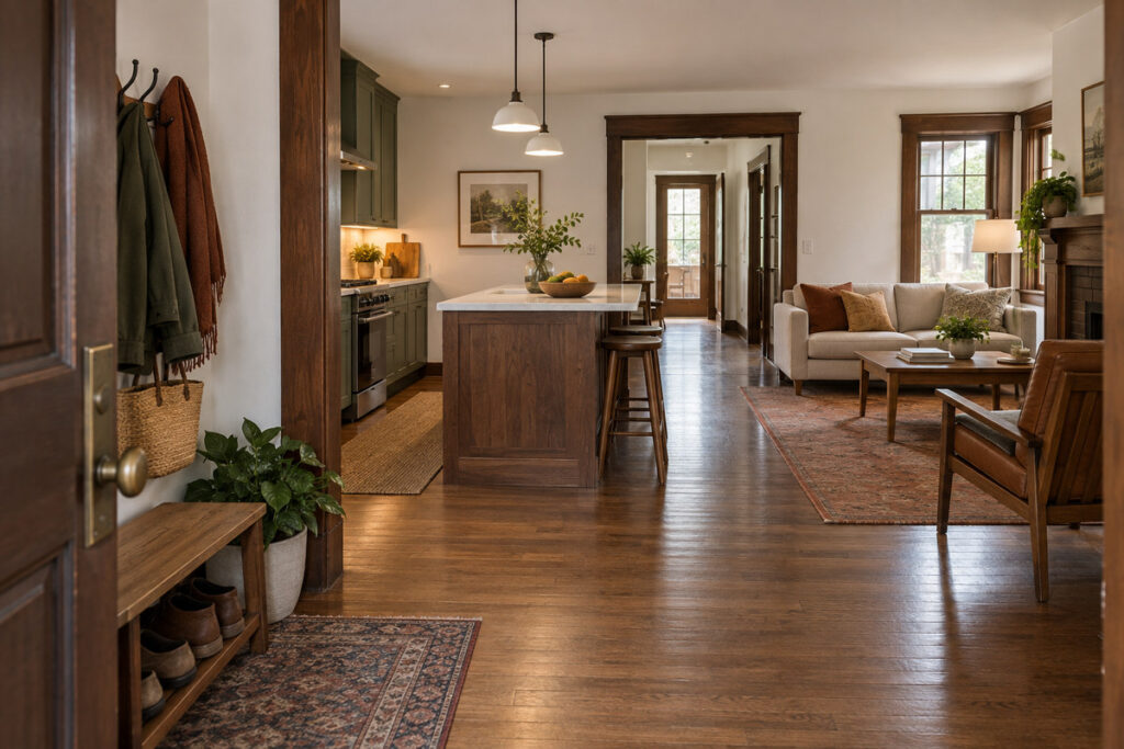 Open kitchen and living room with clear walkway