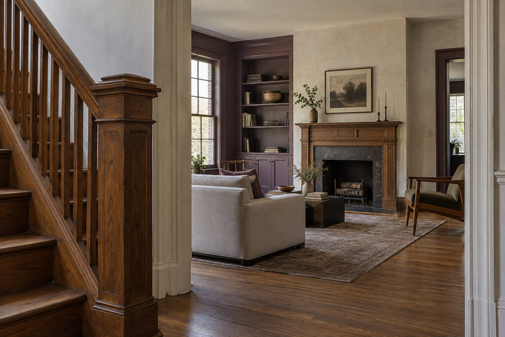 [场景图](C:/Users/Admin/Desktop/GEORGE INTERIOR Design/output/skill-runs/20260923-transitional-interior-design/images/transitional-renovation-original-staircase-fireplace.jpg)Transitional living room with original fireplace
