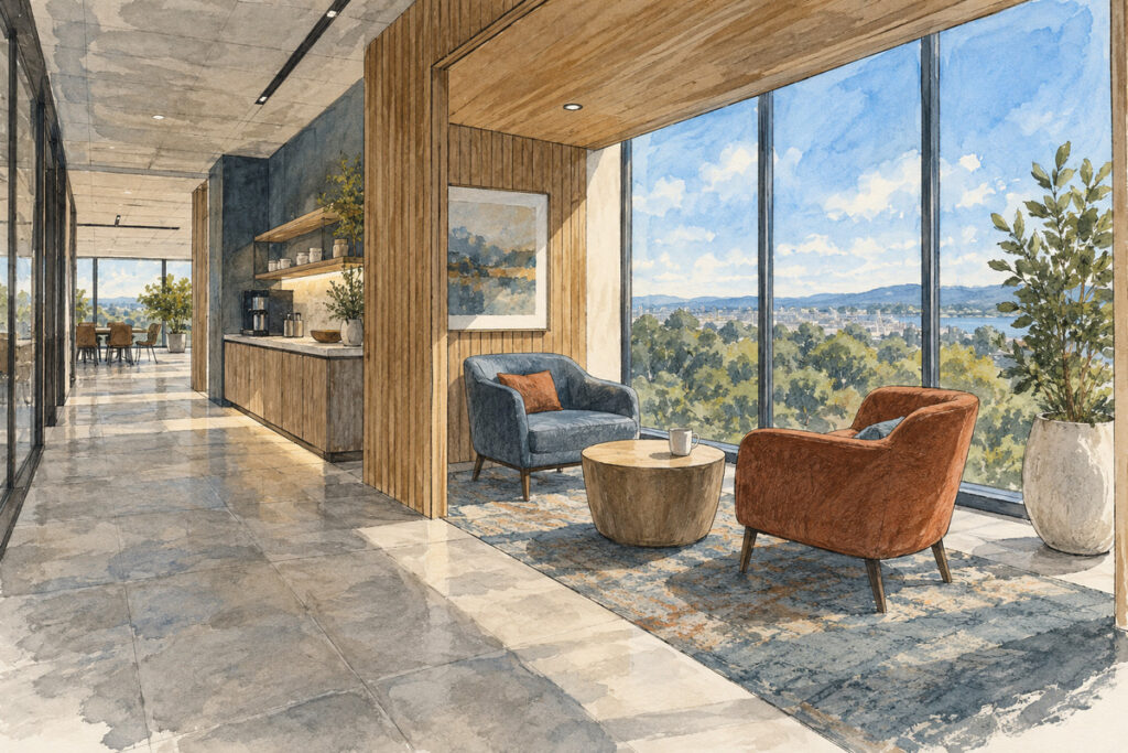 Biophilic office break area facing trees