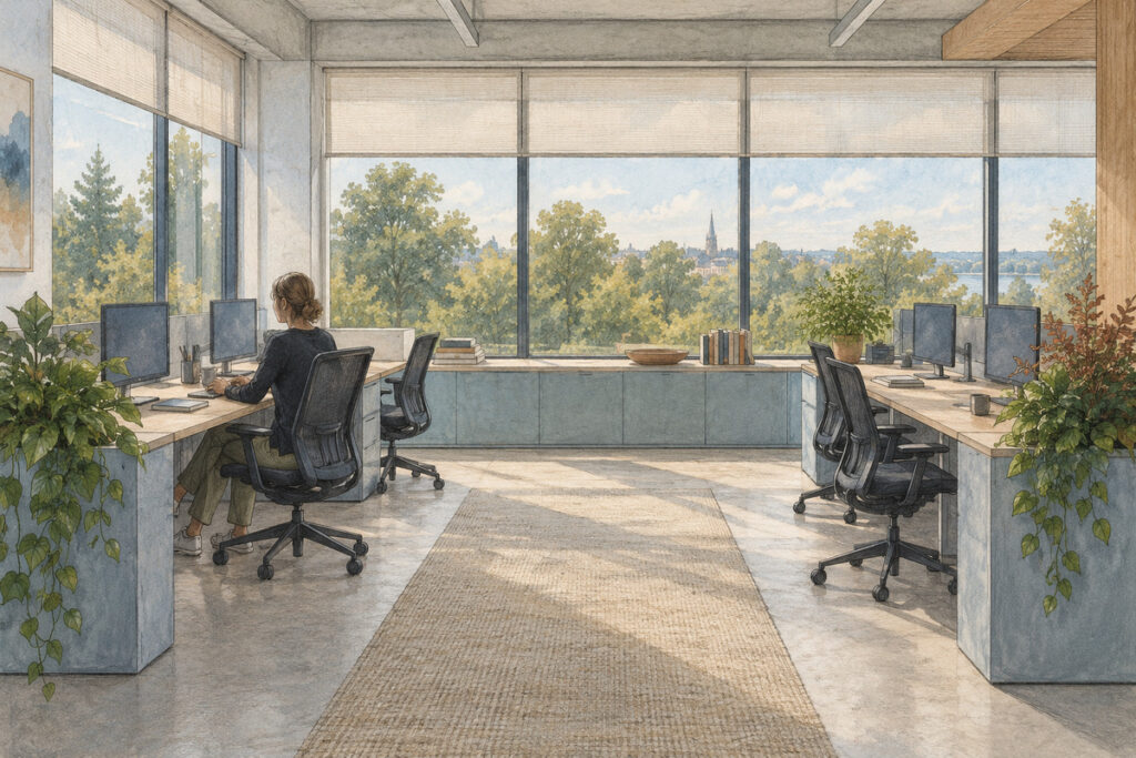 Office workstations with clear window views