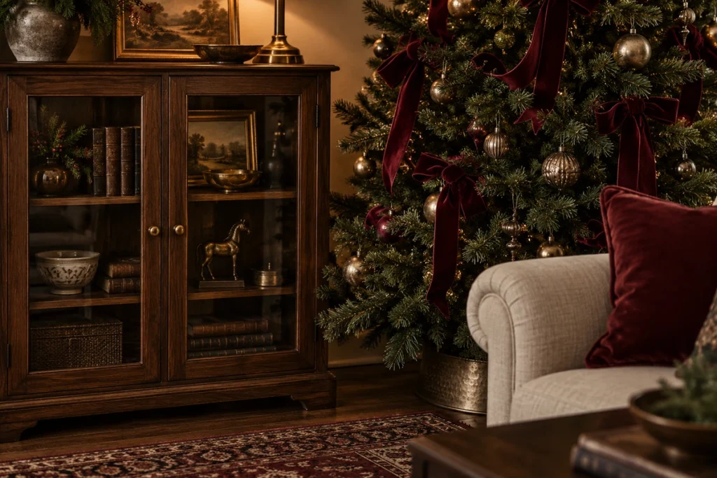 Burgundy Christmas tree beside walnut furniture