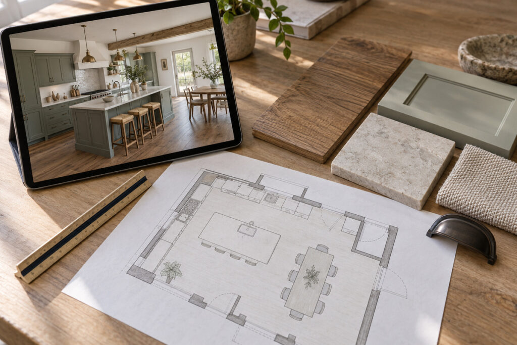 Farmhouse design samples beside a floor plan