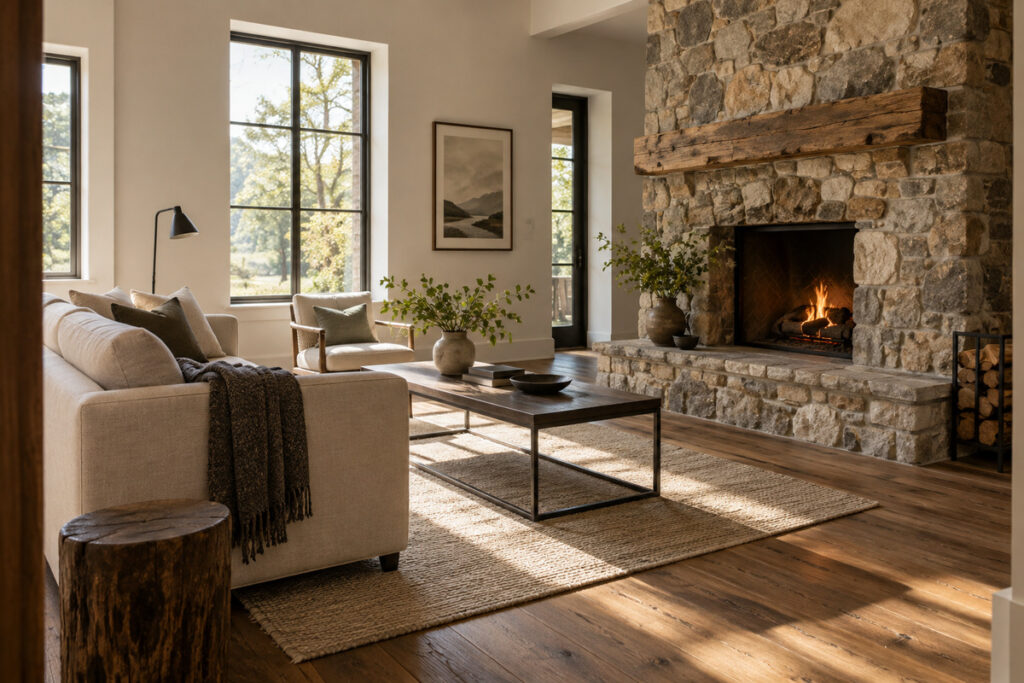 Farmhouse stone fireplace with simple furniture