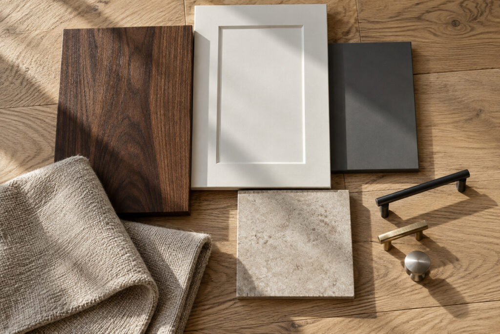 Farmhouse wood tones and mixed metal samples