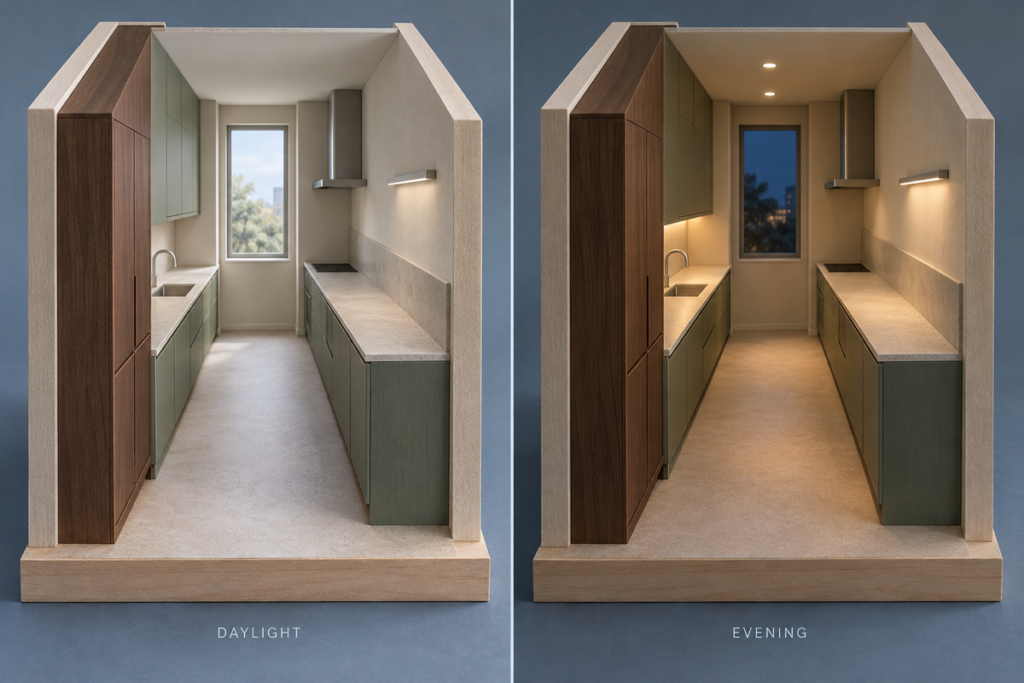 Galley kitchen lighting by day and evening