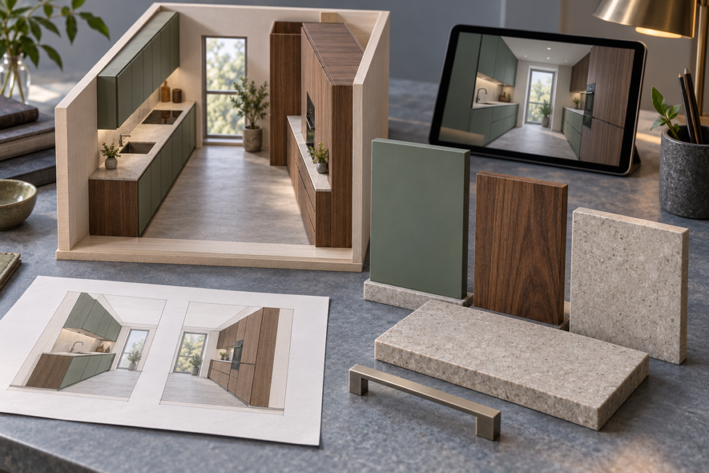 Galley kitchen cabinet and countertop samples