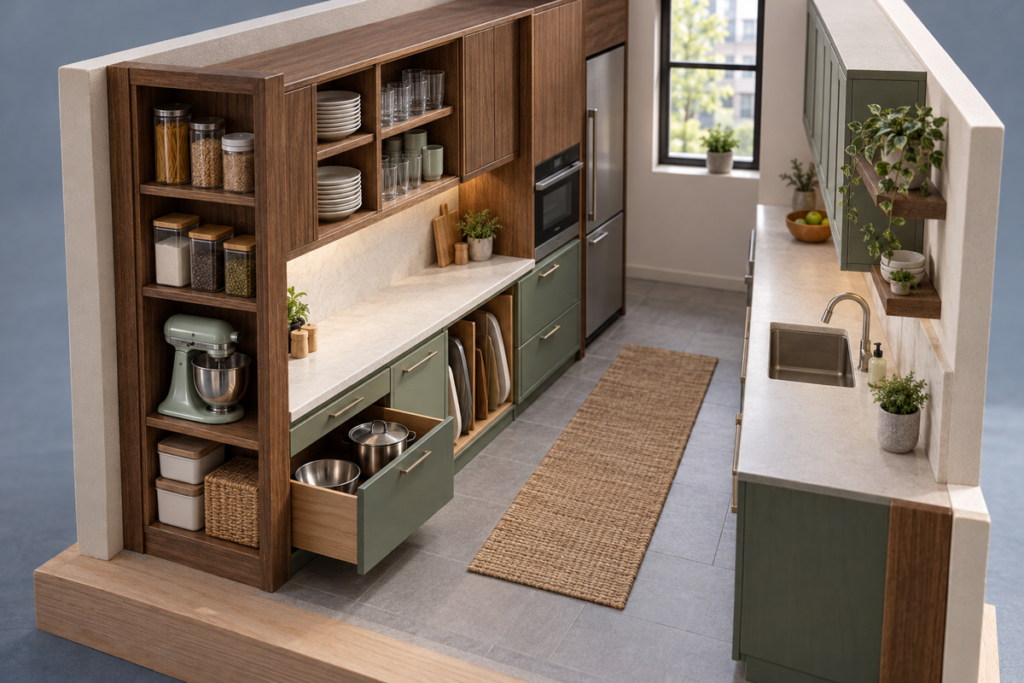 Galley kitchen cabinets with organized storage