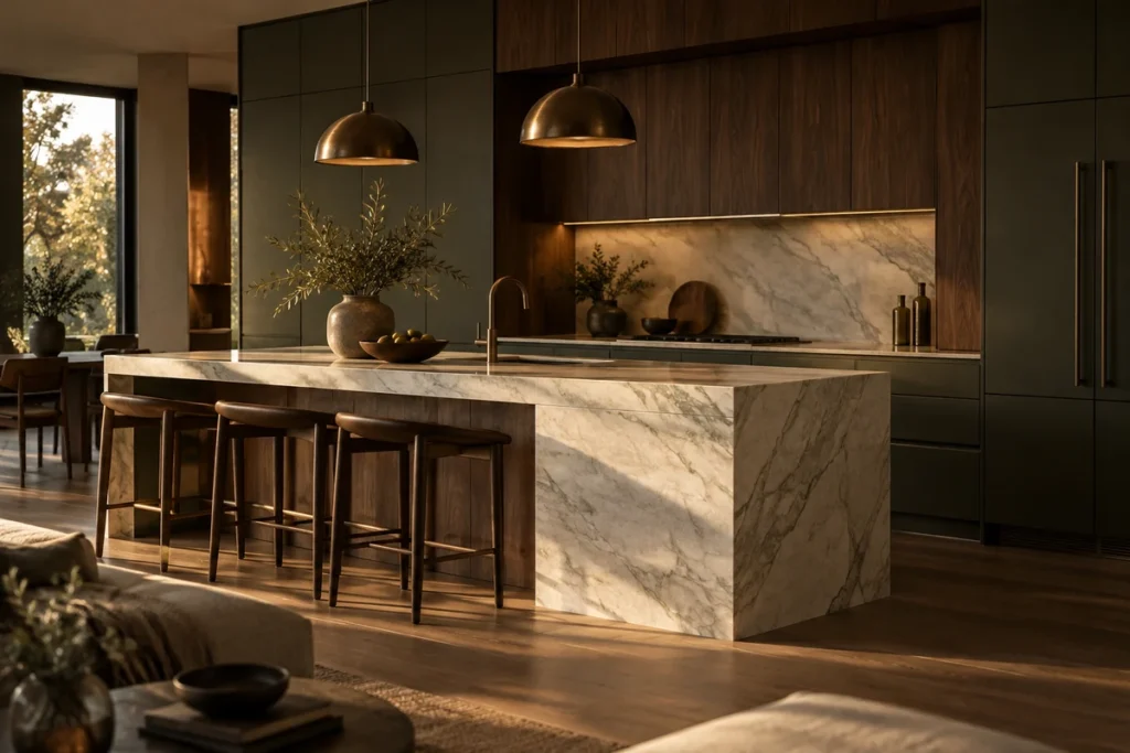 Honed marble waterfall kitchen island