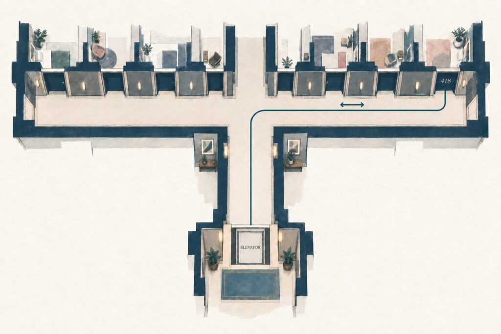 Hotel guest route from elevator to room 418