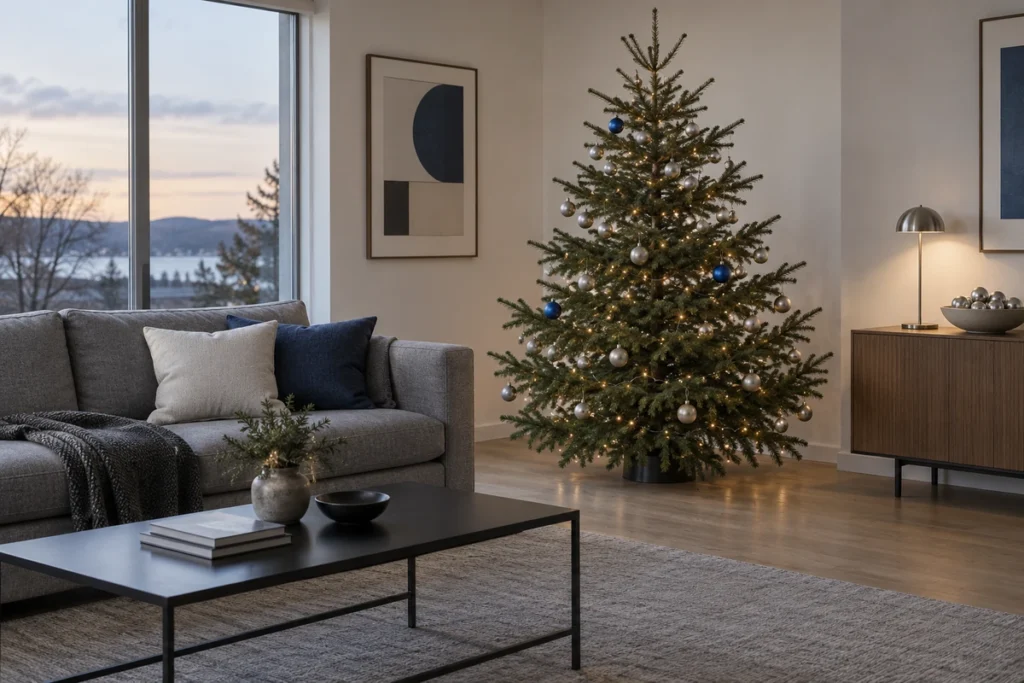 Modern Christmas tree with silver ornaments