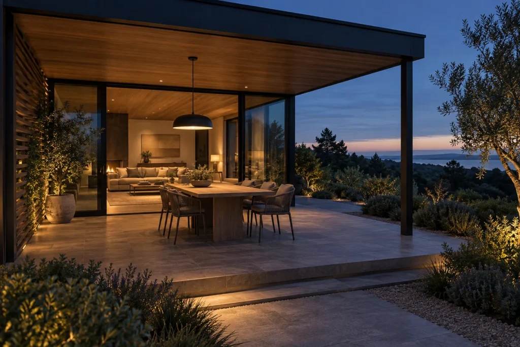 Covered patio roof and dining lighting