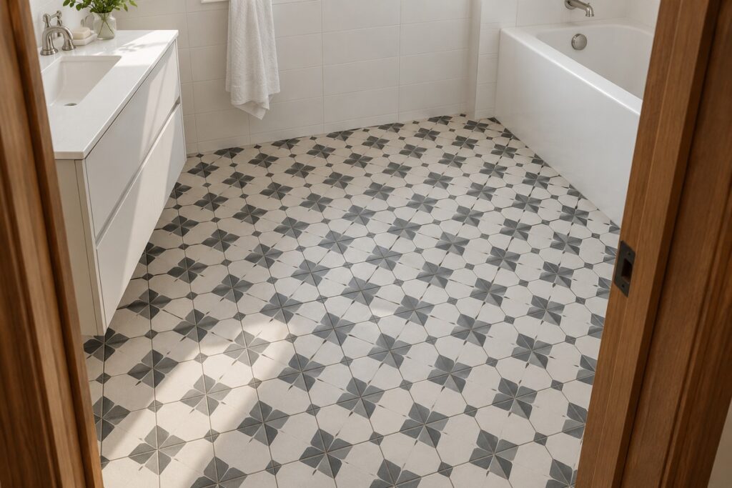 Patterned bathroom floor tiles with white walls