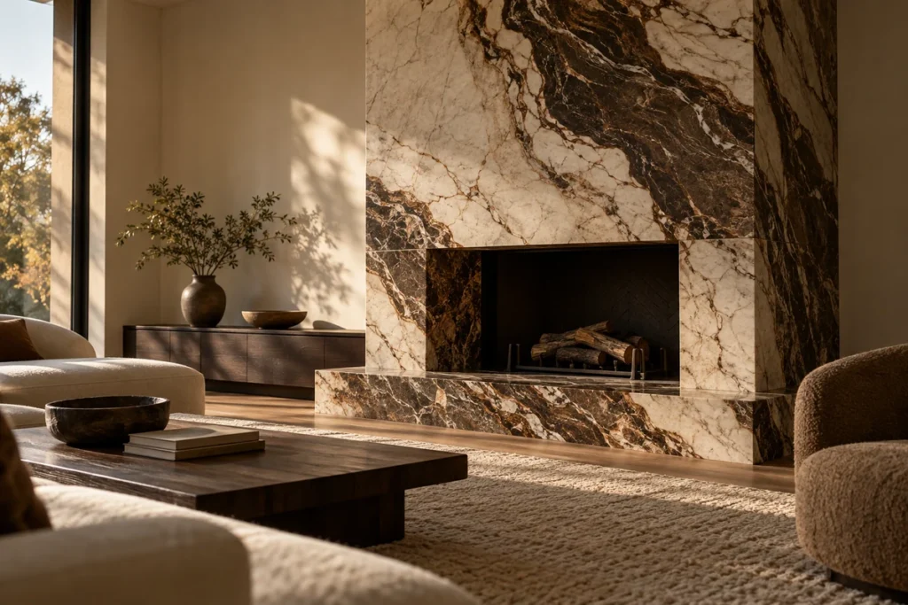 Veined stone fireplace in a minimalist room